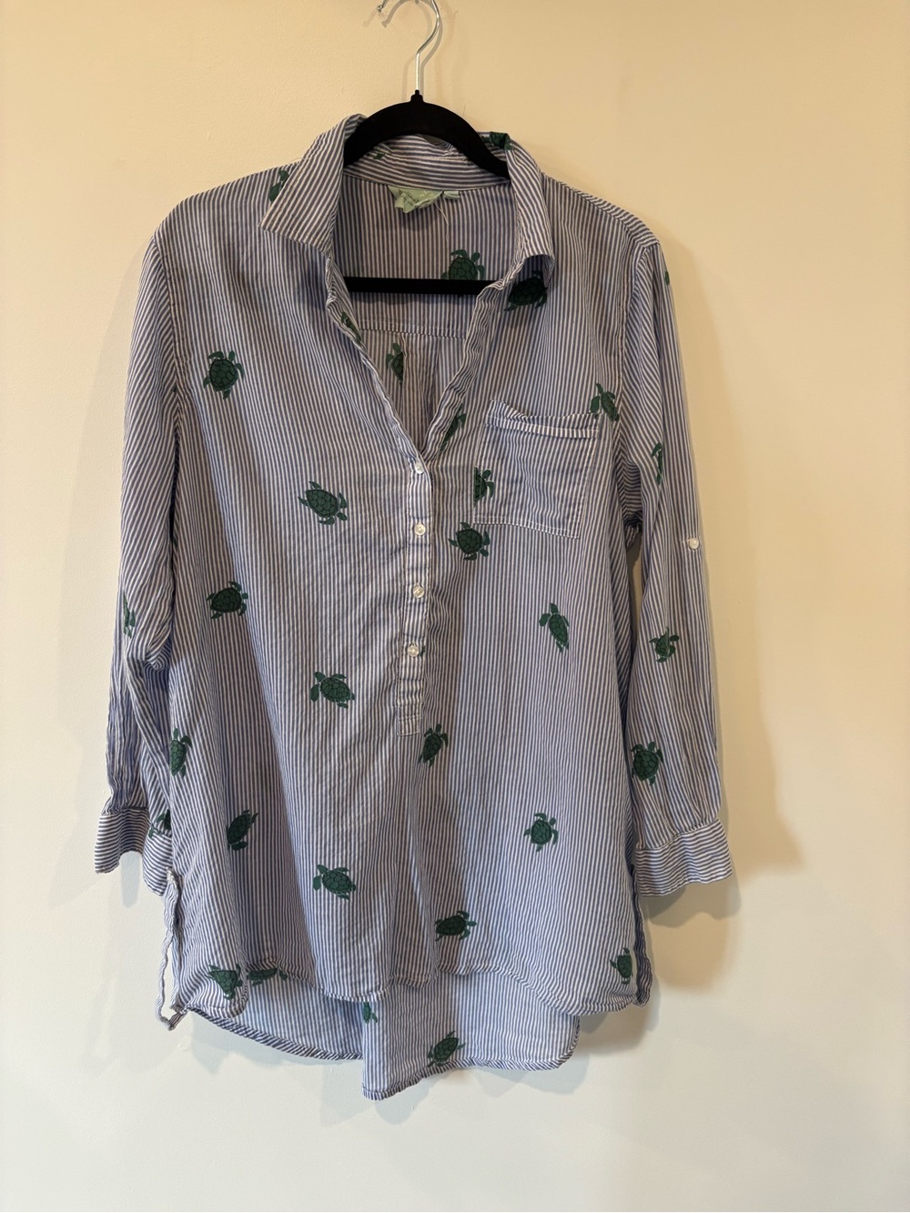 Light Blue Striped Button-Front Top with Green Turtle Print 100% Cotton